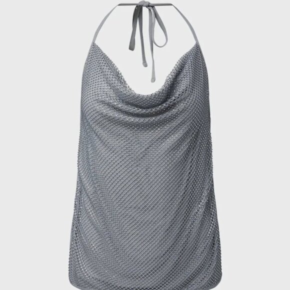 WEWOREWHAT Crystal Cowl Neck Top Crystal Mesh Silver Size M MSRP $98 NEW - Picture 4 of 10